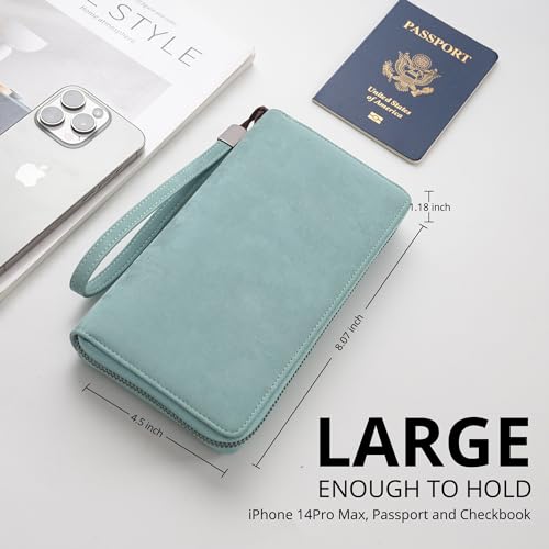Bveyzi Women RFID Blocking Wallet Leather Zip Around Phone Clutch Large Capacity Ladies Travel Purse Wristlet (Purist Blue)