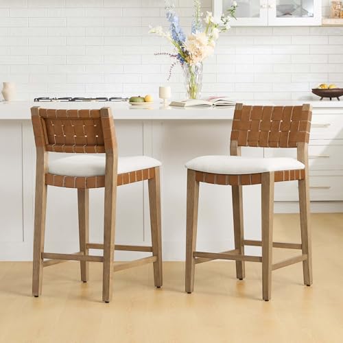 Butacos CHITA tejidos a mano, altura de barra (26 pulgadas), juego de 2 unidades, con respaldo, estructura de madera, para isla de cocina y bar en el hogar, color marrón silla