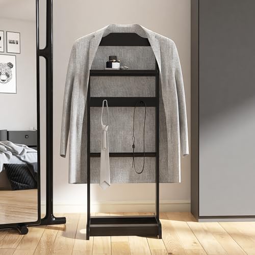 Image of Mens Valet Stand, Wooden Clothes Valet Stand with Tray, Freestanding Suit Rack for Bedroom, Entryway, Living room, Office