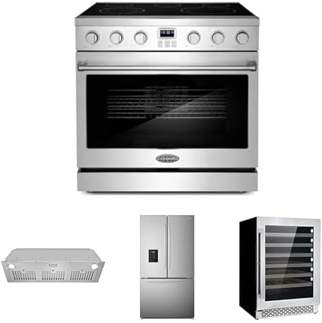 COSMO 4-Piece Kitchen Appliance Packages, 36" Electric Range, 36" Insert Range Hood, 36" French Door Refrigerator and 24" Wine Cooler