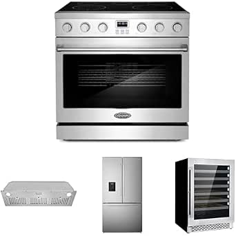 COSMO 4-Piece Kitchen Appliance Packages, 36" Electric Range, 36" Insert Range Hood, 36" French Door Refrigerator and 24" Wine Cooler