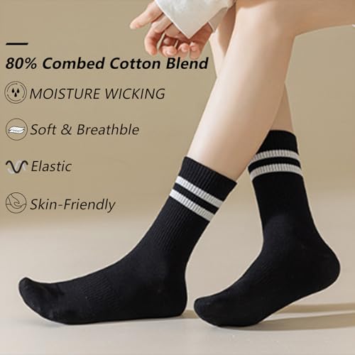 Image of 5 Pairs Womens Striped Crew Socks, Cotton Cozy Casual Socks for Women,Breathable Cool,Size 5-10