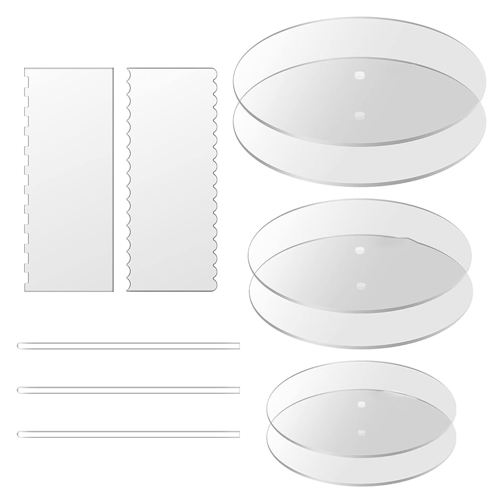 CTRLZS Acrylic Round Cake Disk Set,Acrylic Cake Discs Set,Comb Scrapers,Dowel Rods,Icing Acrylic Scraper Smoother