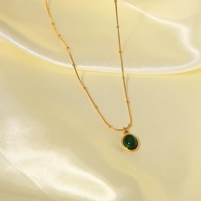 Image of Green Oval Stone pendant Necklace For Women Stylish | Anti Tarnish Waterproof Stainless Steel Chain Pendant Necklaces Jewelry for Love | Gold Plated Jewellery Accessories for Woman & Girls | Birthday Gift for Wife & Girlfriend