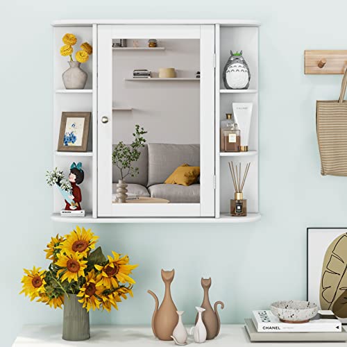 Tangkula TA-JV10446WH Bathroom Medicine Cabinet With Mirror, Wall Mounted Bathroom Storage Cabinet W/Mirror Door & 6 Open Shelves thumb #4