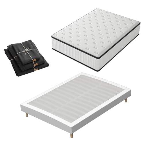 TEENO Matelas à mémoire de Forme et sommier 140x190 Ensemble, Matelas 140x190 et Parure de lit 4 pièces +Sommiers à Lattes avec 9 Pieds pour Adulte | 2x14...