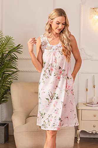 Yozly Nightgowns For Women Soft Sleeveless Lace Night Gowns Floral Pink, Large #TOP1