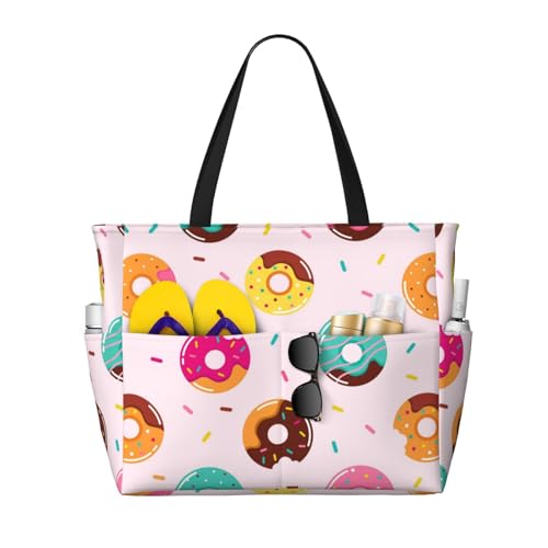 Donut Print Large Beach Tote Bag for Women Extra Large Capacity Sandproof Waterproof Pool Bag Suitable for Swimming Pool Gym Groceries Travel