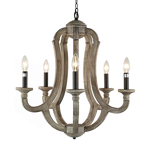 Vintage Farmhouse Chandelier 5-Light Rustic Wood Chandeliers Wooden Ceiling Pendant Light Fixtures for Dining Room, Kitchen Island, Bedroom, Living Room, Foyer,Entryway, Bathroom