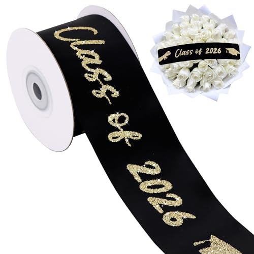 TONIFUL Glitter Class of 2026 Graduation Ribbon 2 Inch x 10 Yards Wide Black Satin Ribbon for Flower Bouquet Gift Wrapping Crafts Cakes Photo Backdrop and Graduation Party Decoration