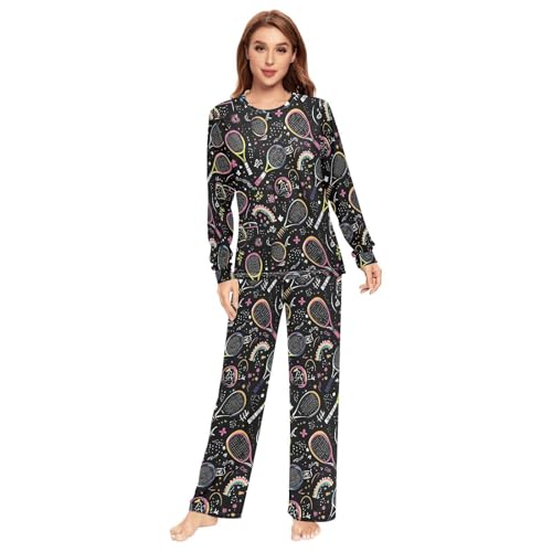 Fustylead Tennis Racket Rainbow Flower Matching Couple Pajama Set 2 PCS Lounge Long Sleeve Sleepwear Pant Set for Men Women