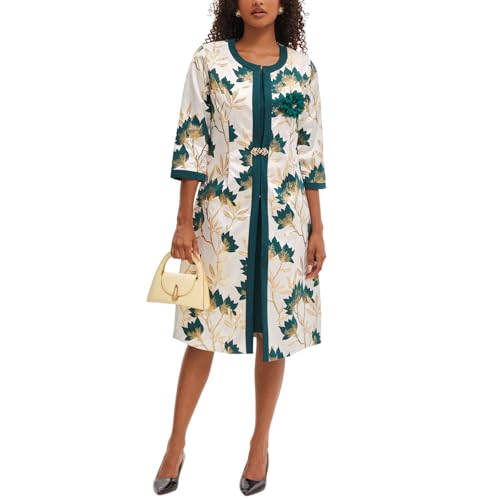 Women's Elegant 2 Piece Dress Church Suits with Exquisite Jacquard Embroidery Long Jacket for Wedding Party Evening Dress Green