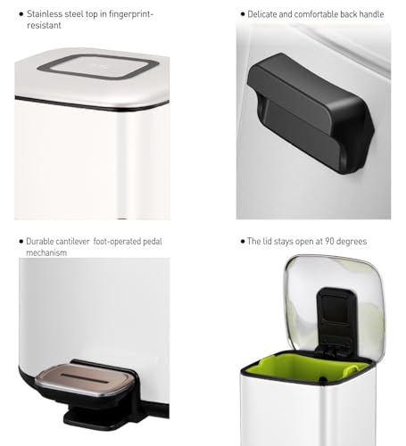 Image of Obsessions EKO Soft-Close Bathroom Trash Can - 6L Stainless Steel Pedal Bin with Lid & Liner, Elegant White Waste Basket for Home & Kitchen