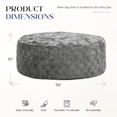 Image of Hobestluk Giant Bean Bag Chairs 6FT Oversized BeanBag Chair for Adult Jumbo | Memory Foam,Washable Cover,Unique Fluffy Plaid,Comfy Bean Bag Bed with Filler Gaming Reading Bedroom Living Room | Grey 6FT