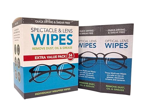 CS Spectacle and Lens Wipes 54 Pack Individually Wrapped Suitable for Glasses Sunglasses Cameras Binoculars and Smartphone Screens. Glass Cleaning Wipes.