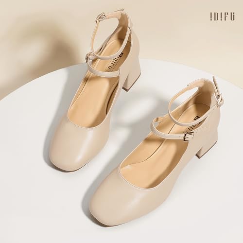 IDIFU IN2 Mary Jane Shoes Low Block Chunky Closed Toe Heels Dress Shoes for Women Square Toe Ankle Strap Wedding Prom Work Office Dressy Heels Comfortable Vintage Trendy Short Pumps4