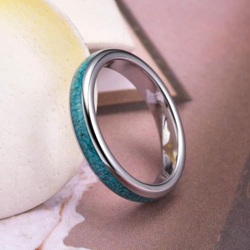 (4mm) Unisex or Women's Tungsten Carbide Wedding Ring Band. Domed Silver Tone Ring with Blue Turquoise Granules Inlay. One Year Warranty Included.3