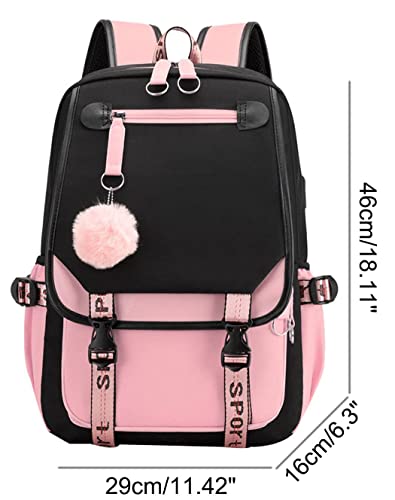 Printed Fashion Backpack with USB Port, 11.42 x 6.91 x 18.11 inches, Black and Pink2