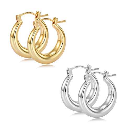 Hoop Earrings for Women 14K Real Gold Plated Chunky Gold Small Hoops earring Set Gold 18mm Silver 18mm