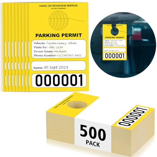 500 PCS Yellow Parking Permit Hang Tag Temporary Parking Passes Random Number (000001-125000) Car Parking Tags Paper Hang Tag 3.15 x 4.75 Inch Custom Passes Numbered for Cars Rearview Mirror(Yellow)