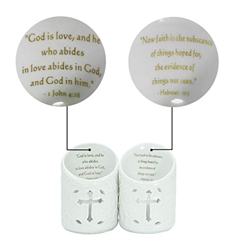 Dreamseden Set Of 2 Ceramic Christian Cross Tealight Candle Holder With Bible Verses Include Flickering Led Flameless Tea Light Candles For Wedding And Home Decor #TOP3
