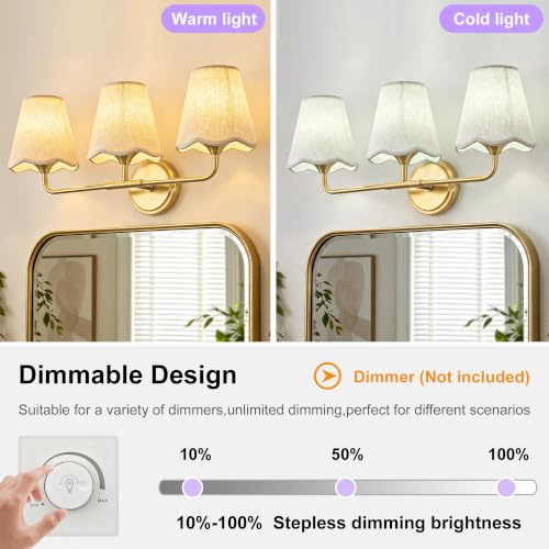 Image of Bathroom Light Fixtures 22 inch Dimmable 3-Light Gold Vanity Light | Farmhouse Bathroom Lights with Beige Wavy Fabric Shade, Vanity Lighting Fixtures for Mirror Bedroom Living Room Hallway