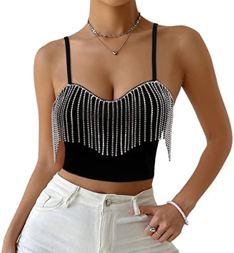 Giovacker Women's Sexy V-Neck Crop Tops Shiny Tassel Rhinestones Tank Cami Top Vest Adjustable Strap Black, Small
