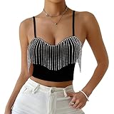 Giovacker Women's Sexy V-Neck Crop Tops Shiny Tassel Rhinestones Tank Cami Top Vest Adjustable Strap