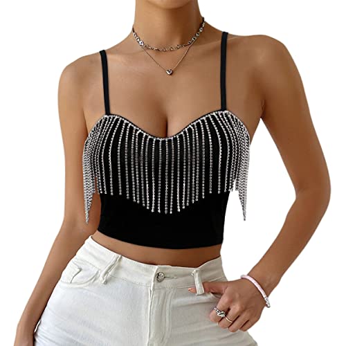 Giovacker Women's Sexy V-Neck Crop Tops Shiny Tassel Rhinestones Tank Cami Top Vest Adjustable Strap Black, Small #TOP1