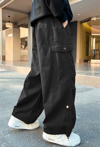SANGTREE Boy's Drawstring Waist Streetwear Baggy Cargo Pants, Black, 9-10 Years = Tag 1504