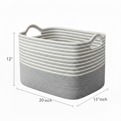 Image of Large Storage Basket, Woven Blanket Basket, Toy Basket with Handle, Laundry Hamper for Living Room, Nursery, Bedroom- 20x15x12 (LXWXH) (grey mix)