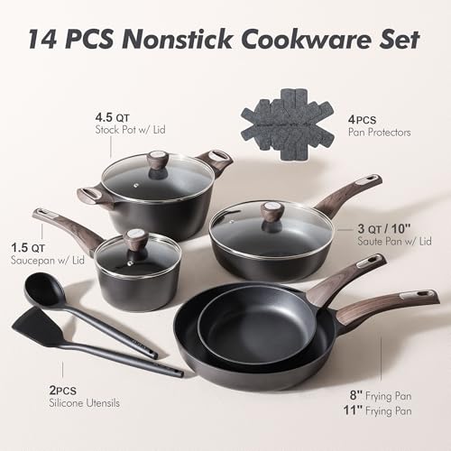 Image of SENSARTE Pots and Pans Set Non stick, Non toxic Healthy Induction Cookware Sets, 14 Pcs Non Stick Kitchen Cooking Set with Frying Pans Set & Saucepan, PFOA PFOS APEO Free, Black