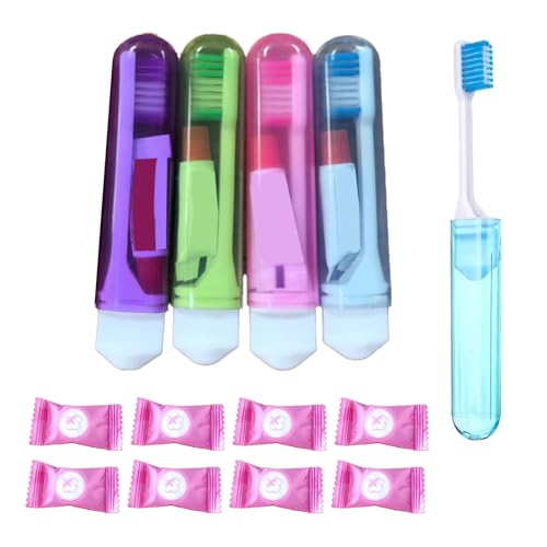 EUYKQNOI 4 Pezzi Spazzolino e Dentifricio da Viaggio, Spazzolino da Viaggio Kit Spazzolino da Denti Pieghevole per Bambini Adulti In Campeggio In Viaggio,8 asciugamani compressi