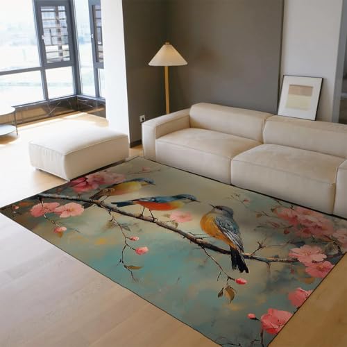 Tapis élégant oiseaux et branches de cerisier 160x230cm aux finitions haut de gamme