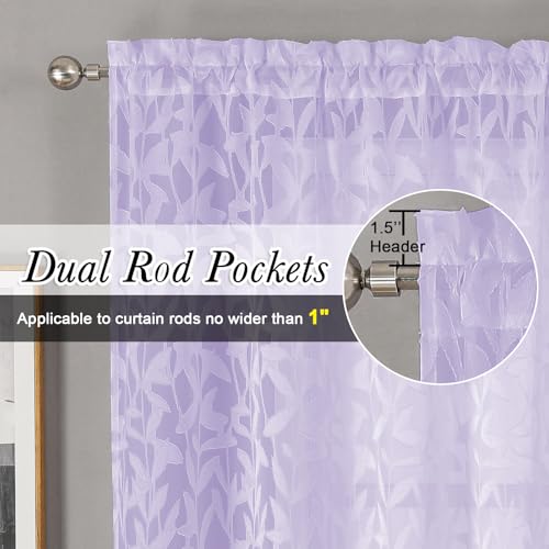 Lecloud Leia Light Purple Sheer Curtains 54 Inch Length 2 Panels, Light Reducing Jacquard Textured Leaf Voile Bedroom Drapes, Gauzy Clip Short Curtain Curtains with Dual Rod Pocket, 38x54 Inches