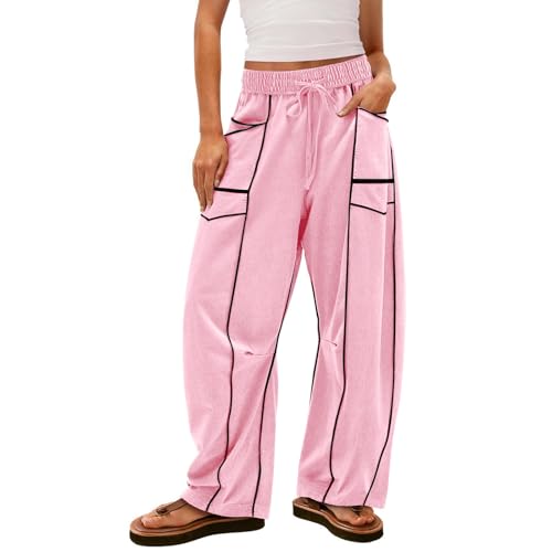 Image of Barrel Pants Women Casual Cargo Wide Leg Baggy Sweatpants Drawstring High Waisted Lounge Palazzo Pants with Pockets