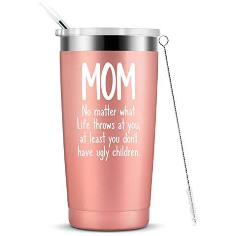 Mom Ugly Children Mug Tumbler from Daughter Son-Birthday Christmas Mothers Day Gifts for Mom Women Stainless Steel Mom Gifts Cup with Straw and Lid 20 Ounce Rose gold Cover