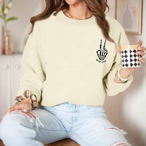 Migxsaf Mom Life Sweatshirt Mama Sweatshirts for Women Skeleton Halloween Long Sleeve Shirt Rock Crewneck Graphic Pullover(Apricot,S)