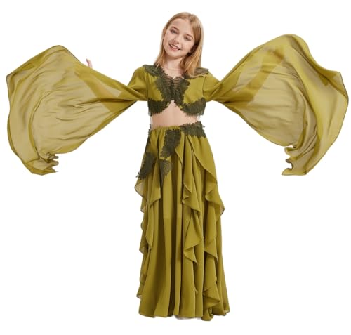 Girls' Elegant Olive Green Chiffon Dress Lace Trim Ruffled Skirt Flowing Cape Sleeves Vintage Folklore Dresses2