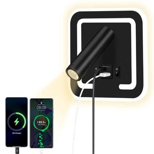 HUIZHOU Lámpara de lectura tipo de pared 3W + 9w lámpara de lectura led, puerto de carga usb, lámpara de cabecera giratoria 3000k, adecuada para dormitorios, escaleras, pasillos (cuadrado Negro)