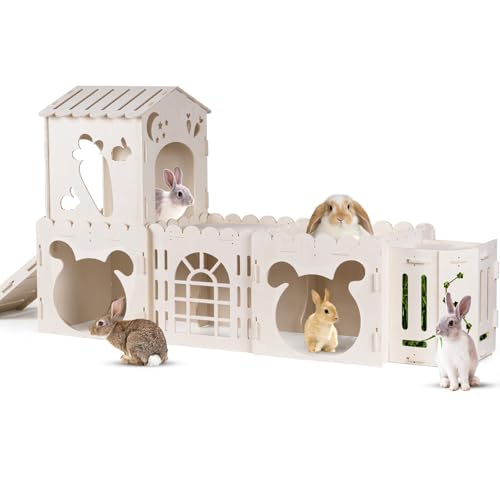 Extra Large Rabbit House: Wooden Bunny Habitat with 4 Dens, Feeder & Tunnel