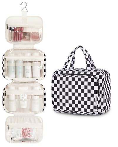 Image of Narwey Large Hanging Toiletry Bag Travel Makeup Bag Cosmetic Organizer for Women and Girls, Z-Black Checkerboard, Medium