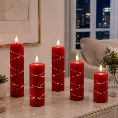 Image of Kiexung Red Flameless Candle Fairy String Light, Water Drop Flame, Advanced LED Flame Simulation with Remote and Timed Candles, 5-Cell Battery Powered,Christmas Candle
