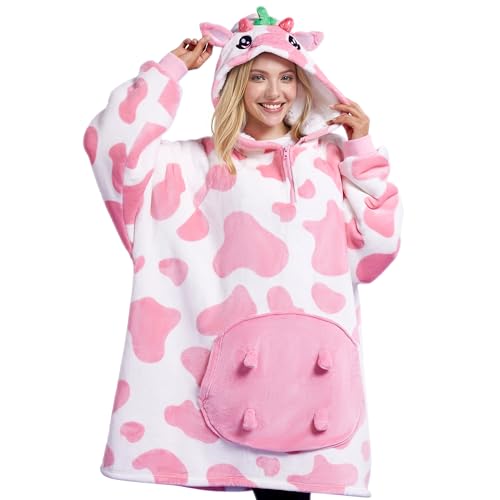 Image of Giggling Getup Wearable Blanket Hoodie for Women and Men Sherpa Fleece Hooded Blanket Sweatshirt Warm Cozy Sherpa Wearable Throw Oversized Hoodie with Giant Pocket & Sleeves for Adult Strawberry Cow
