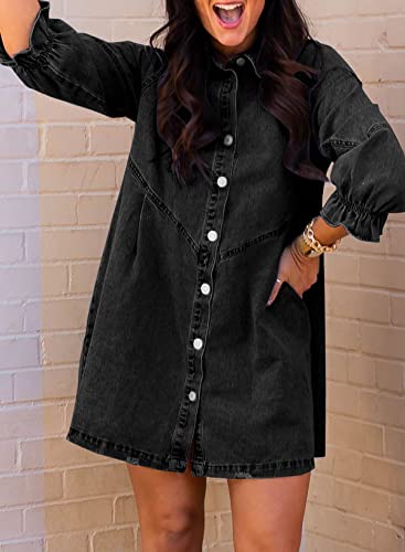 Image of Sidefeel Womens Smocked 3 4 Sleeve Button Down Denim Jeans Dresses