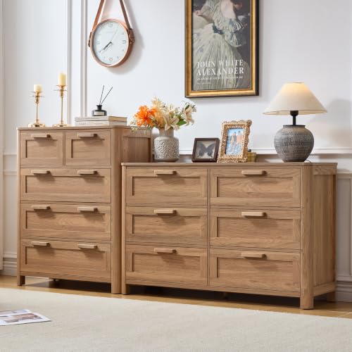 Image of Joaxswe Farmhouse 6 Drawer Dresser for Bedroom, Horizontal Dressers with 6 Deep Drawers & 4 Thickened Table Legs, Brown