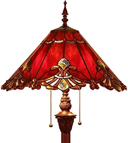 Bieye L30242 Baroque Tiffany Style Stained Glass Floor Lamp with 17 Inches Wide Handmade Lamp Shade Metal Base for Living Room Bedroom, 2-Light Pull Chain Switch, 65 Inch Tall, Red
