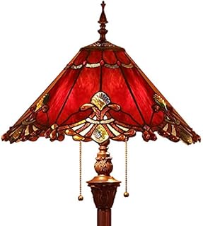 Bieye L30242 Baroque Tiffany Style Stained Glass Floor Lamp with 17 Inches Wide Handmade Lamp Shade Metal Base for Living Room Bedroom, 2-Light Pull Chain Switch, 65 Inch Tall, Red