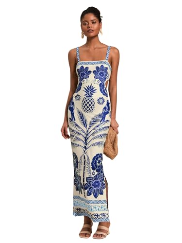 Floerns Womens Tropical Bow Tie Back Long Dress Sleeveless Split Vacation Maxi Dress Blue Small