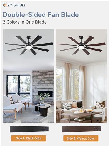 Image of ZMISHIBO 62 inch Large Ceiling Fans with Lights and Remote, Indoor /Outdoor Black Modern Ceiling Fan for Kitchen Living Room Patio, 6 Speed Reversible Quiet DC Motor, 3 CCT, Dual Finish 8 Blades